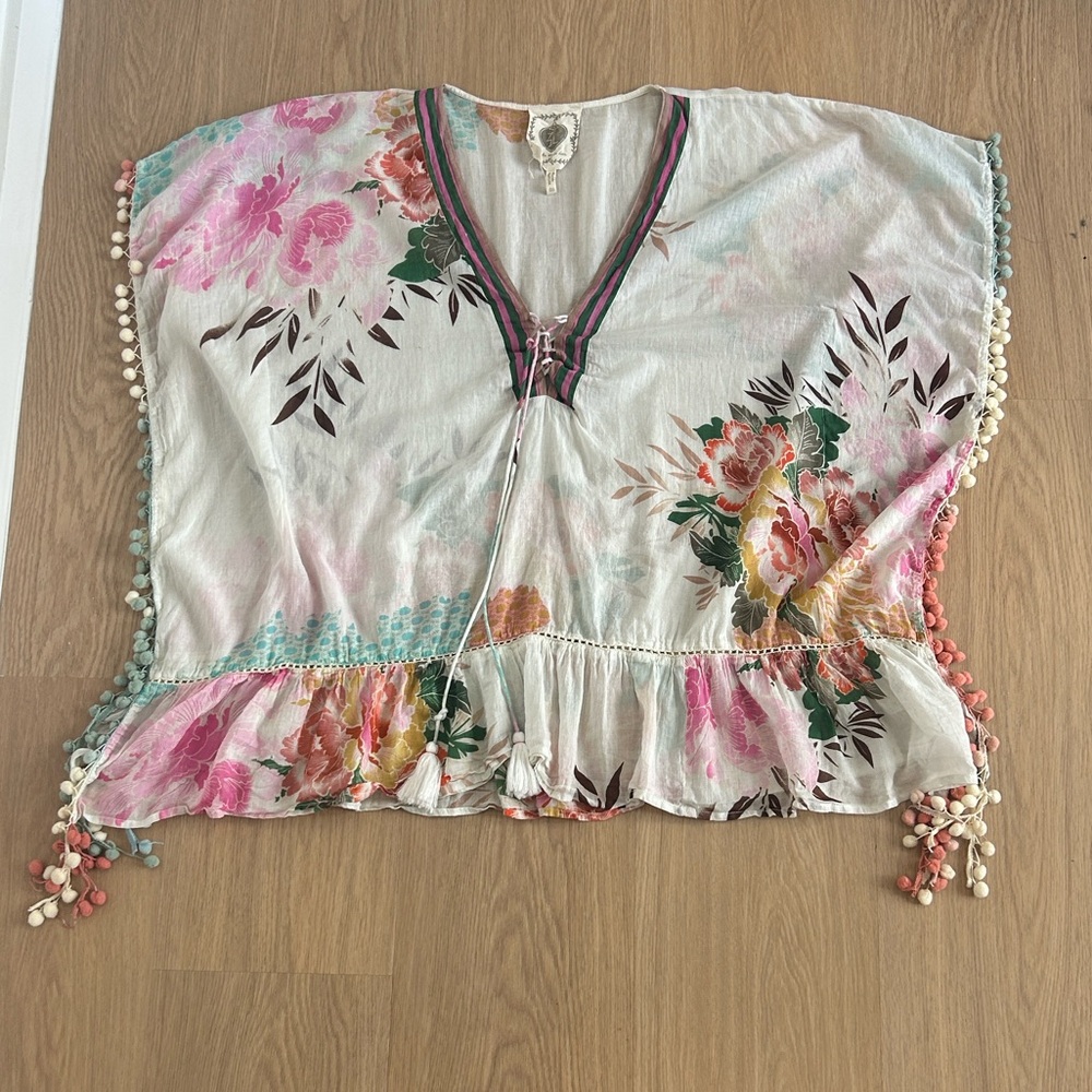 Z&L Europe Floral Print Airy 100% Cotton Pom-Pom Caftan Swim Cover Up OS - Picture 6 of 12